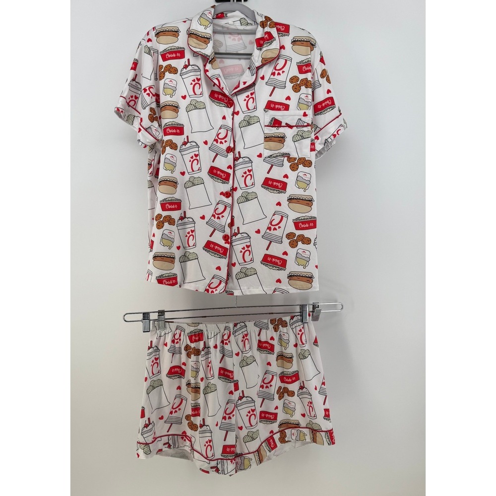 Chick-fil-A Pajama Set‎ Womens XL White Red Fast Food Print Lounge PJs Novelty
